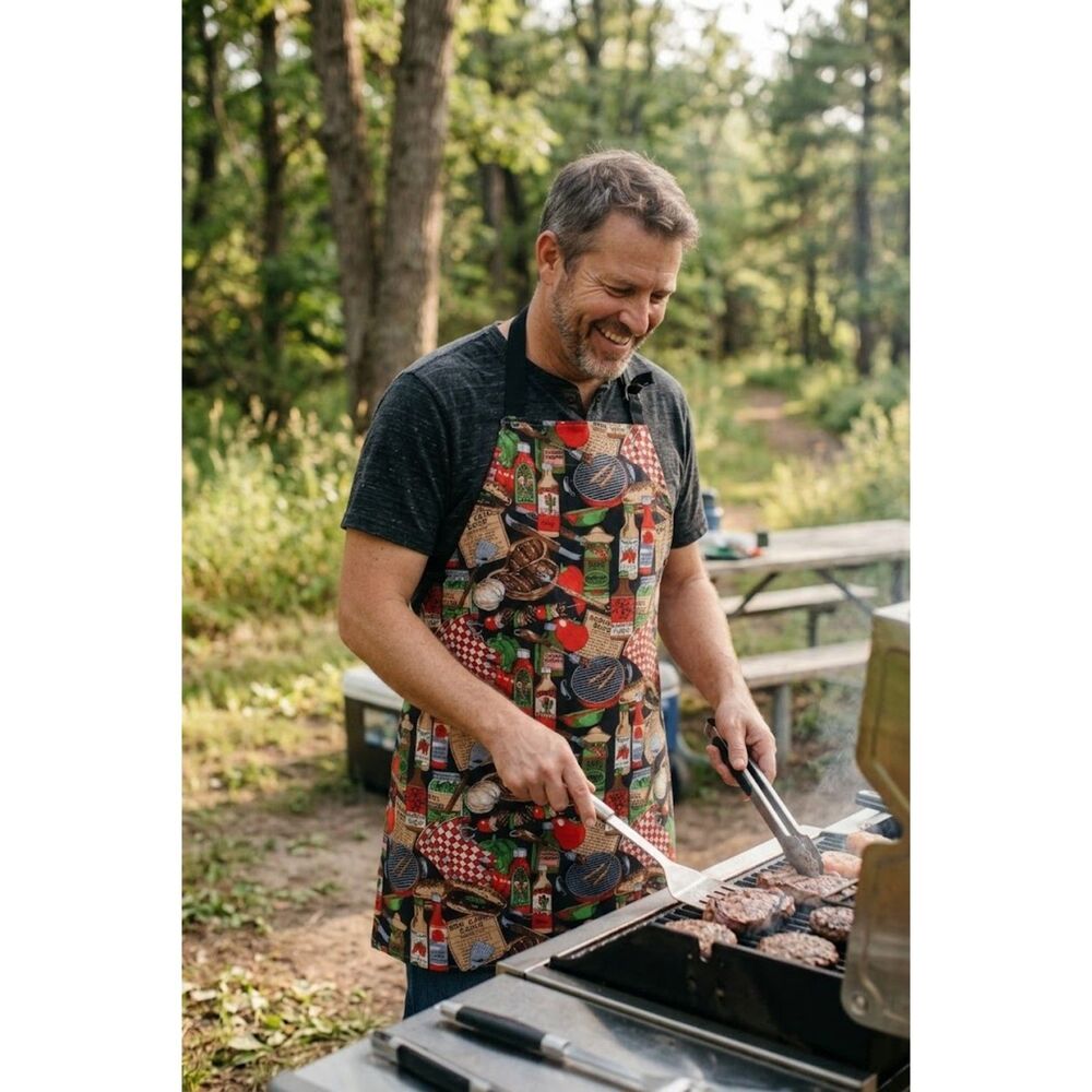 Vintage BBQ Grill Master Apron Cajun Hot Sauce Print Cooking Chef - Picture 2 of 7